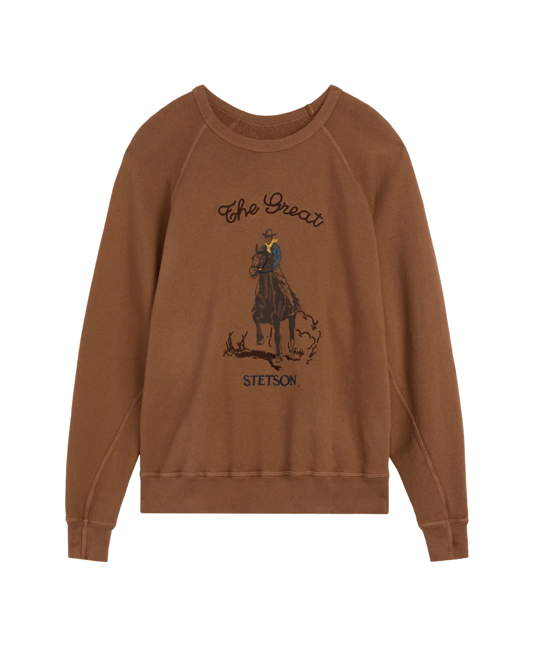 Brown French terry sweatshirt with horse and rider graphic, The Great Inc. Stetson design, cozy casual style.