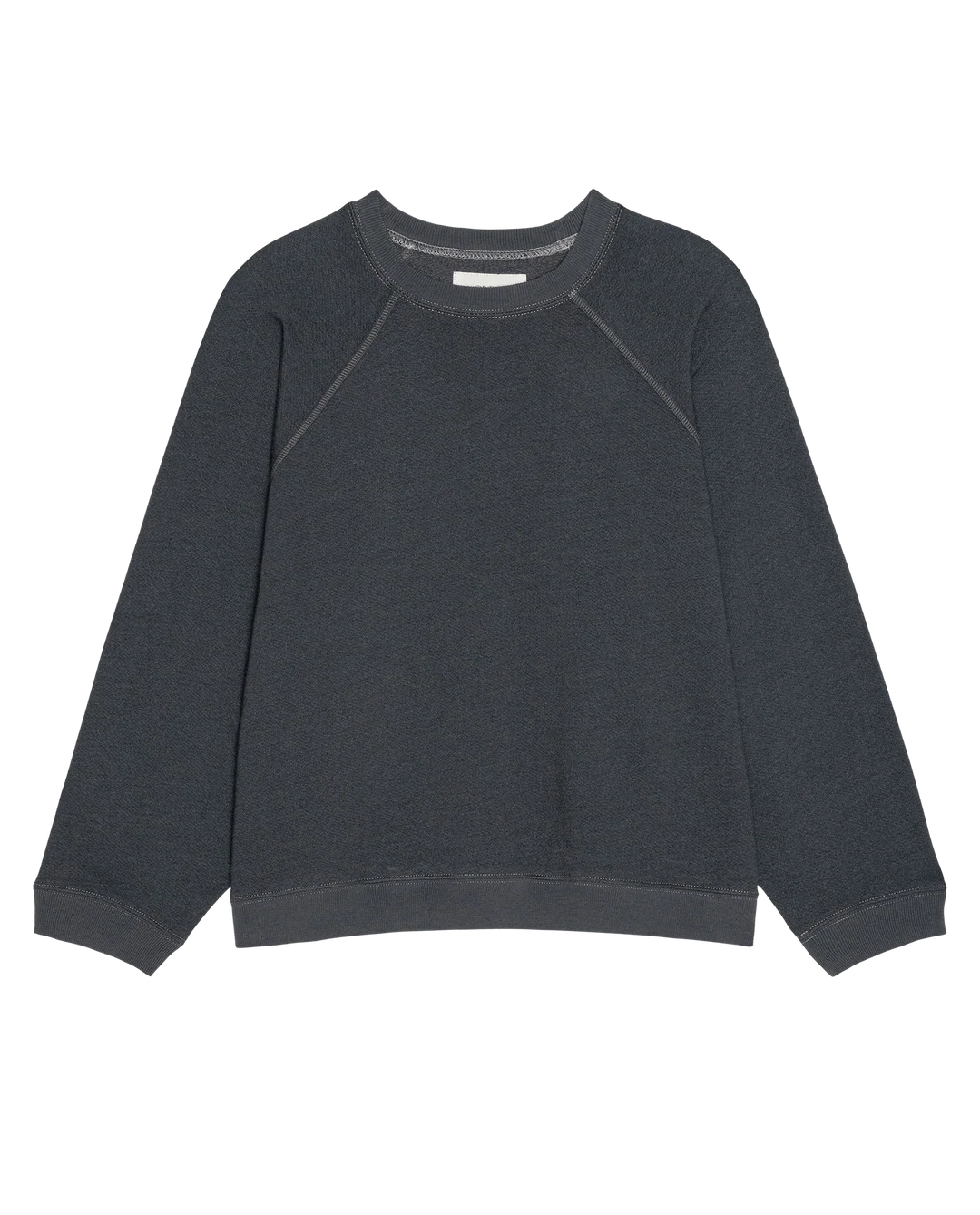 Charcoal French terry crewneck sweatshirt with vintage styling by The Great Inc., long sleeves, relaxed fit.