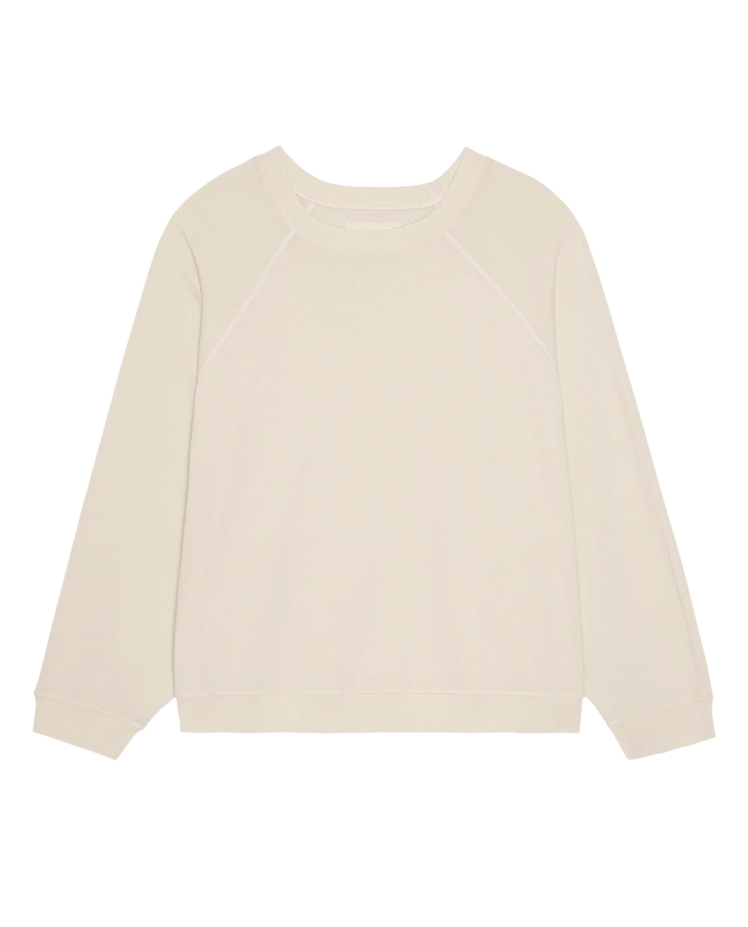 Washed white French terry crewneck sweatshirt by The Great Inc., long sleeves, classic fit, laid flat on white background.