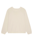 Washed white French terry crewneck sweatshirt by The Great Inc., long sleeves, classic fit, laid flat on white background.