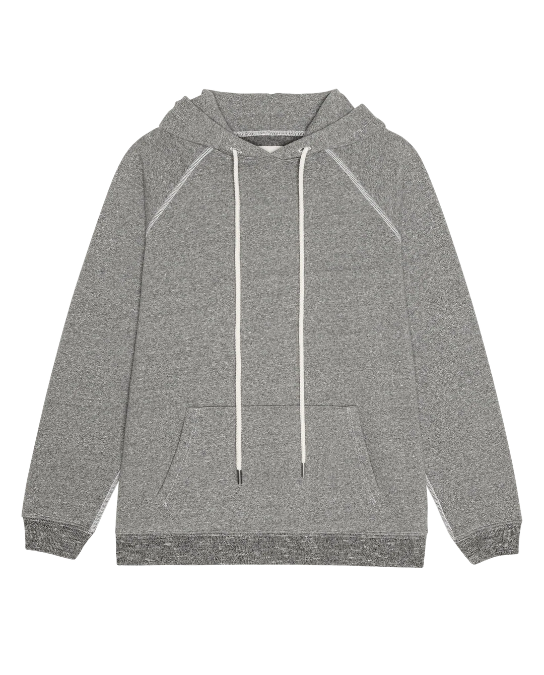 Grey French Terry fleece pullover hoodie with long white drawstrings and kangaroo pocket by Bungalow.