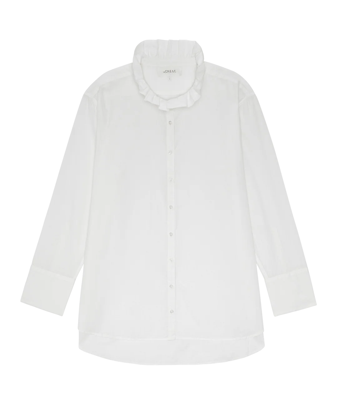 White Ruffle Neck Shirt by Bungalow Furniture & Accessories featuring a vintage tuxedo collar and wide cuffs.