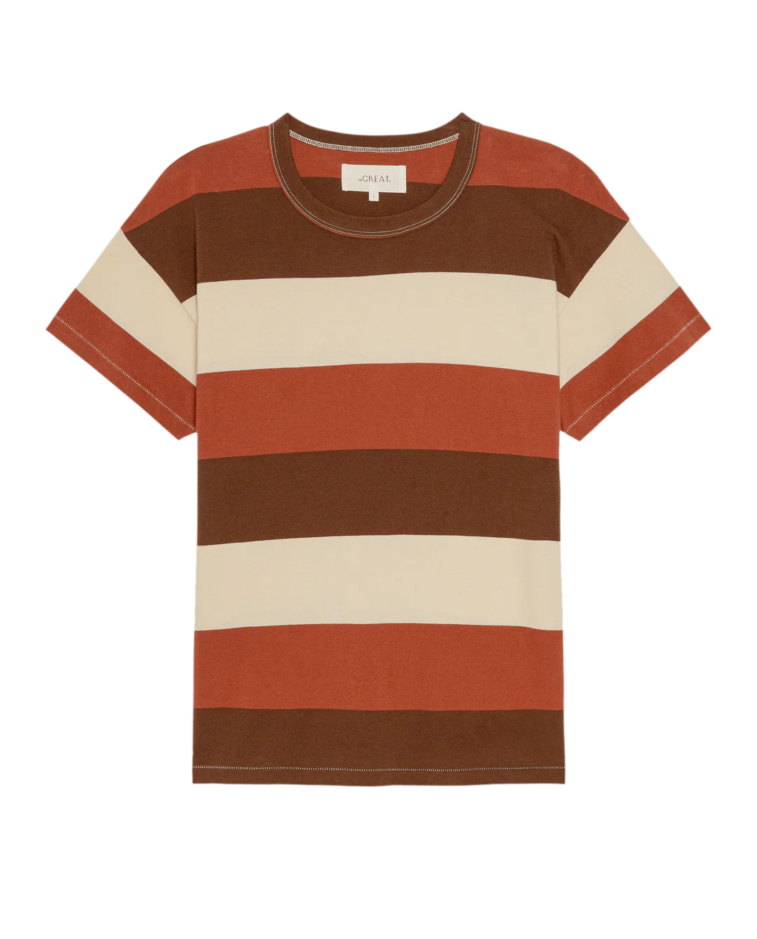 The Boxy Crew 26 by The Great Inc. is a handcrafted, boxy-fit t-shirt with wide brown, rust orange, and beige stripes, shown laid flat on a white background.