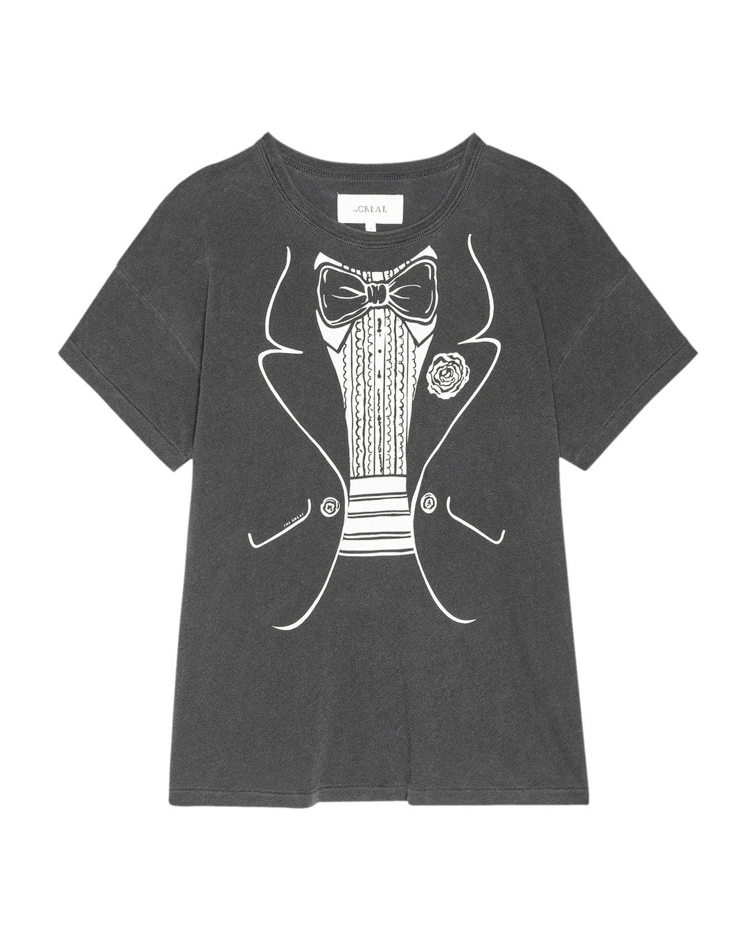 Black tee with white printed tuxedo design by The Great Inc., short sleeves, crew neck, playful style.