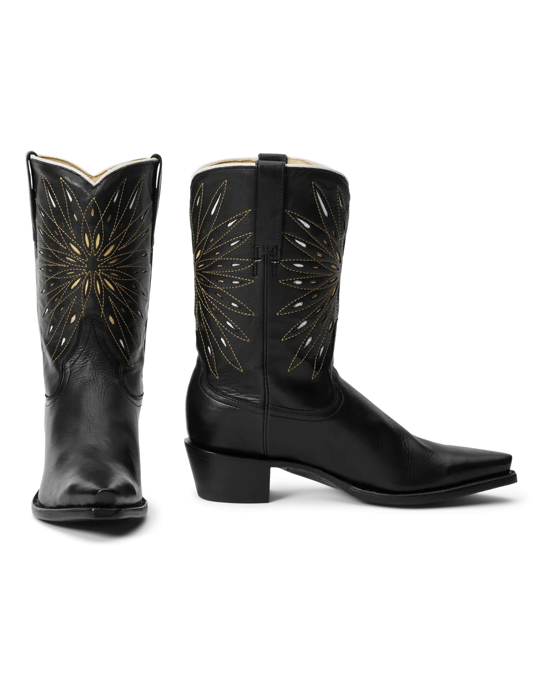 Black gold sunburst cowboy boots, front and side view by The Great Inc., Southwest style.