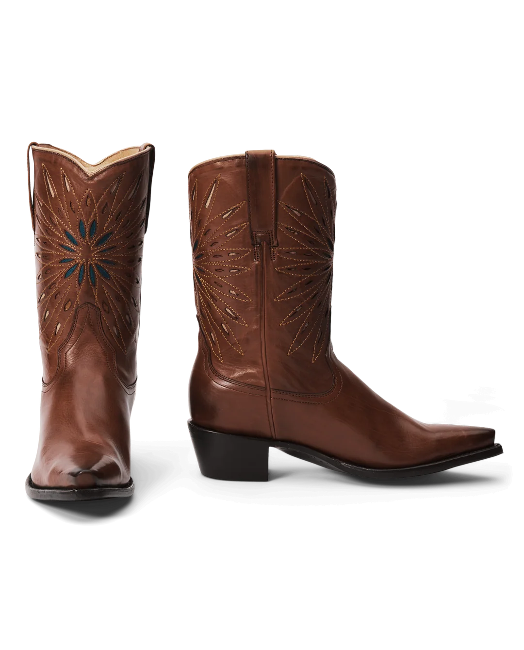 Chestnut and turquoise cowboy boot with sunburst detail, artisan leather by The Great Inc., side and front views shown.