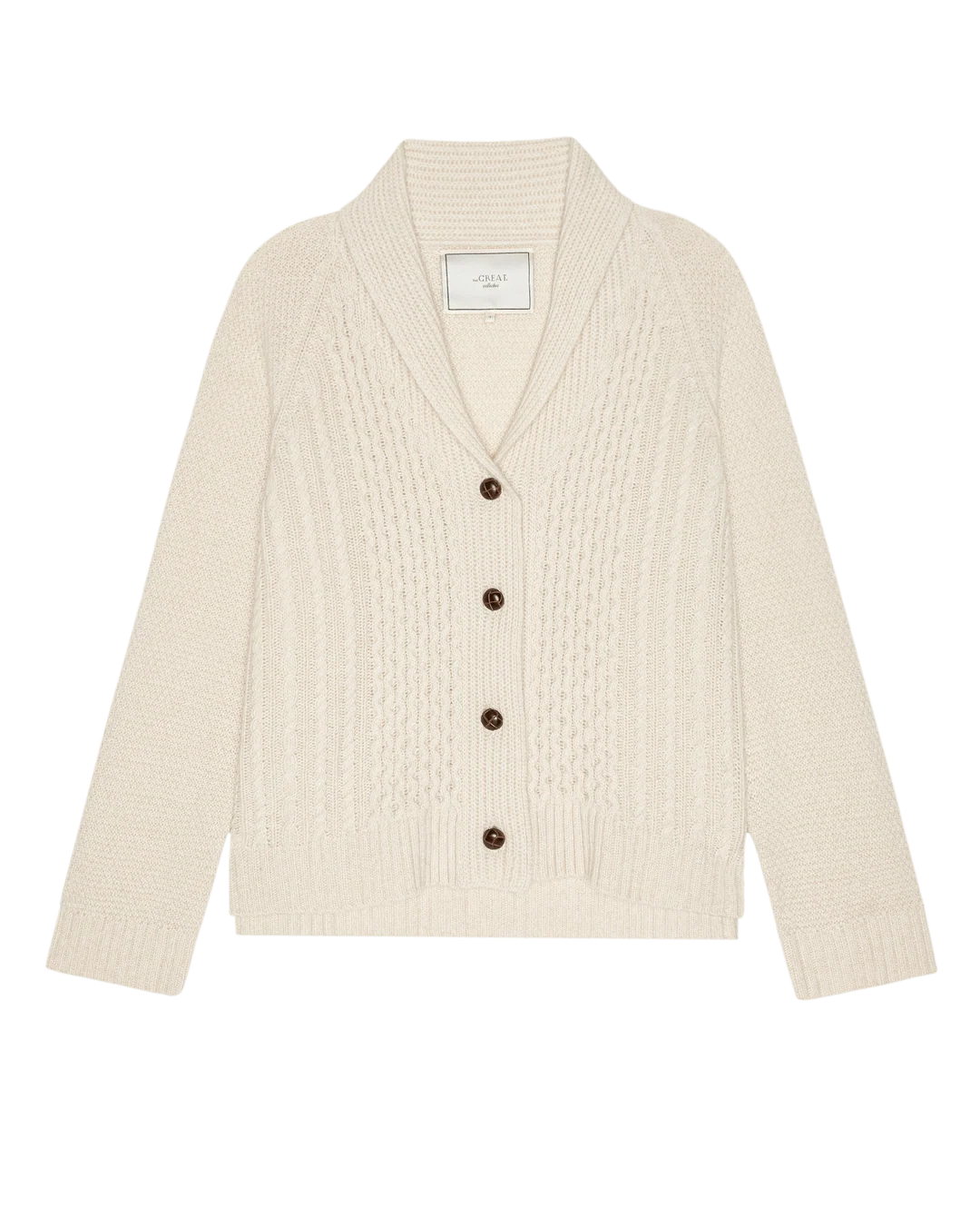 Cream cable knit cashmere cardigan with shawl collar and brown buttons by The Great Inc.