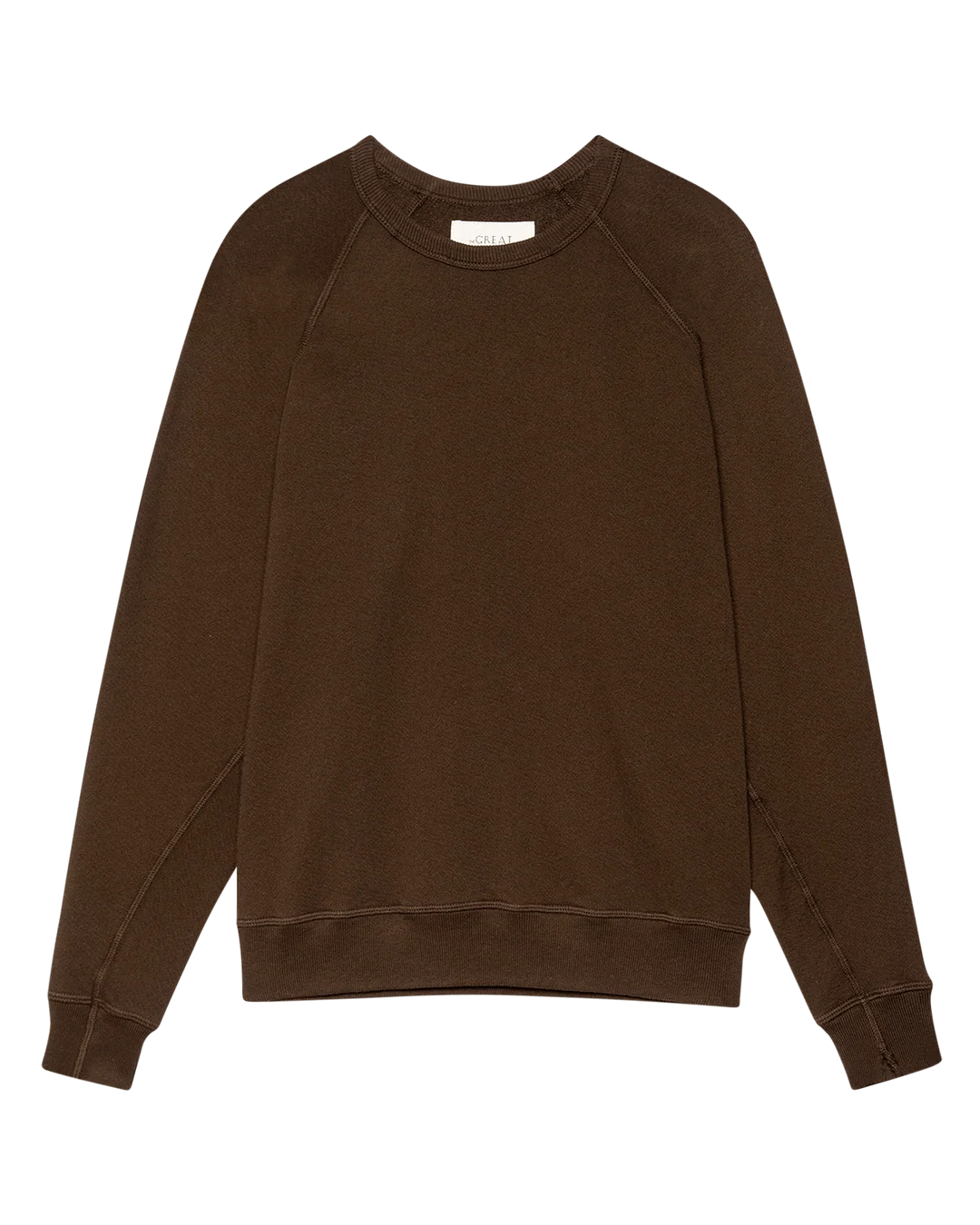 Long-sleeve Driftwood sweatshirt by The Great Inc., laid flat on white for a classic, relaxed presentation.