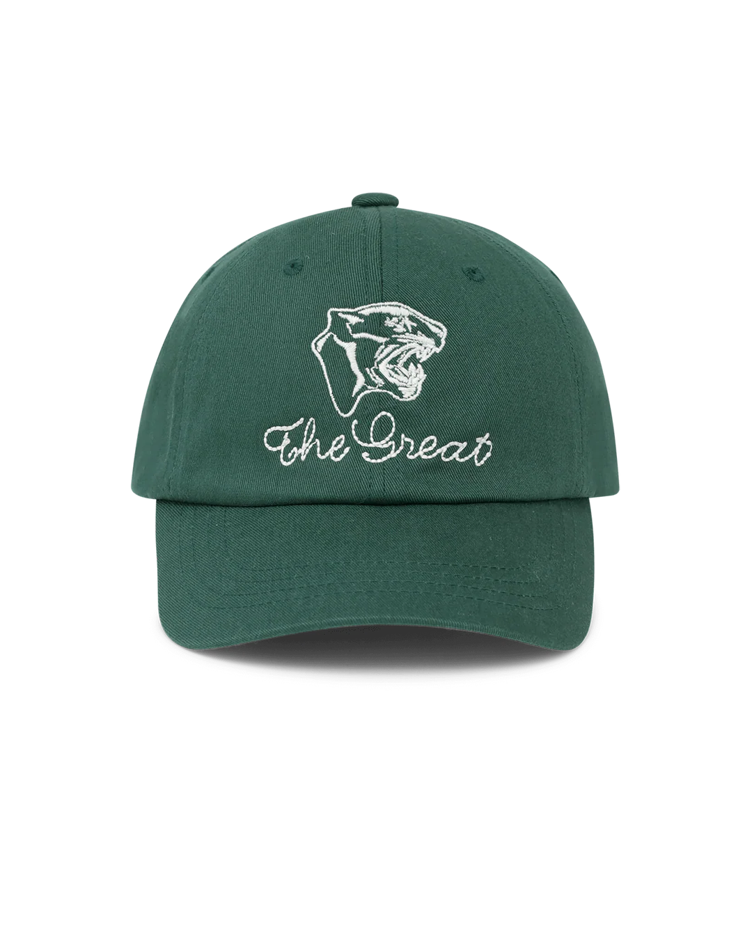 The Baseball Hat by The Great Inc. is a dark green baseball cap with vintage chainstitch embroidery of a roaring panther head and "The Great" in white thread on the front.