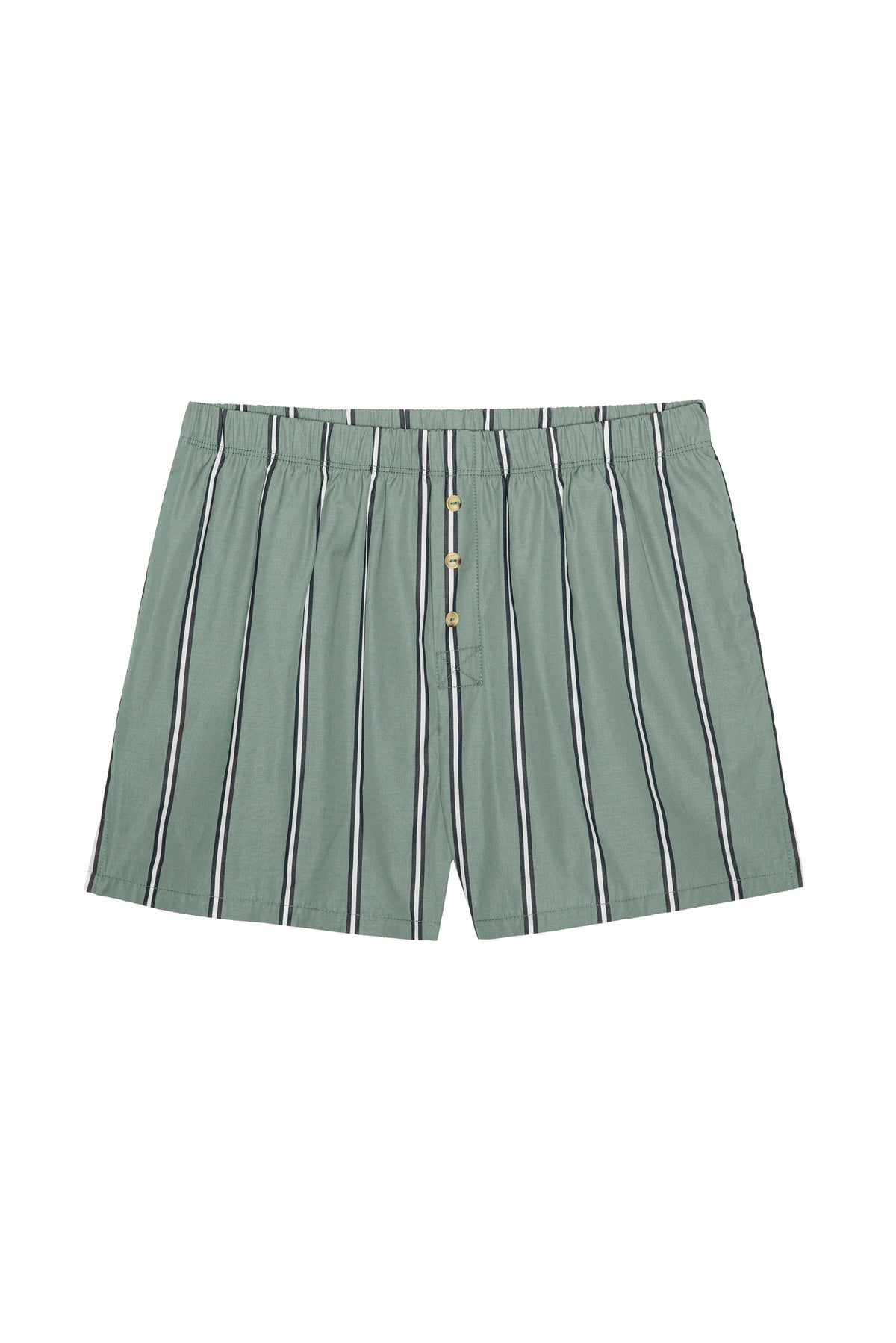 The Stripe Pop Boxer by Donni features green cotton poplin with white and black vertical stripes, an elastic waistband, and button fly. These lightweight, breathable boxers are made in Los Angeles and shown laid flat on a white background.