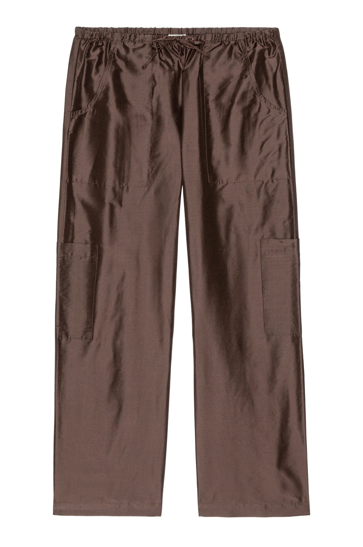 Brown silk Donni Taffeta drawstring cargo pants with side pockets and a cropped length.