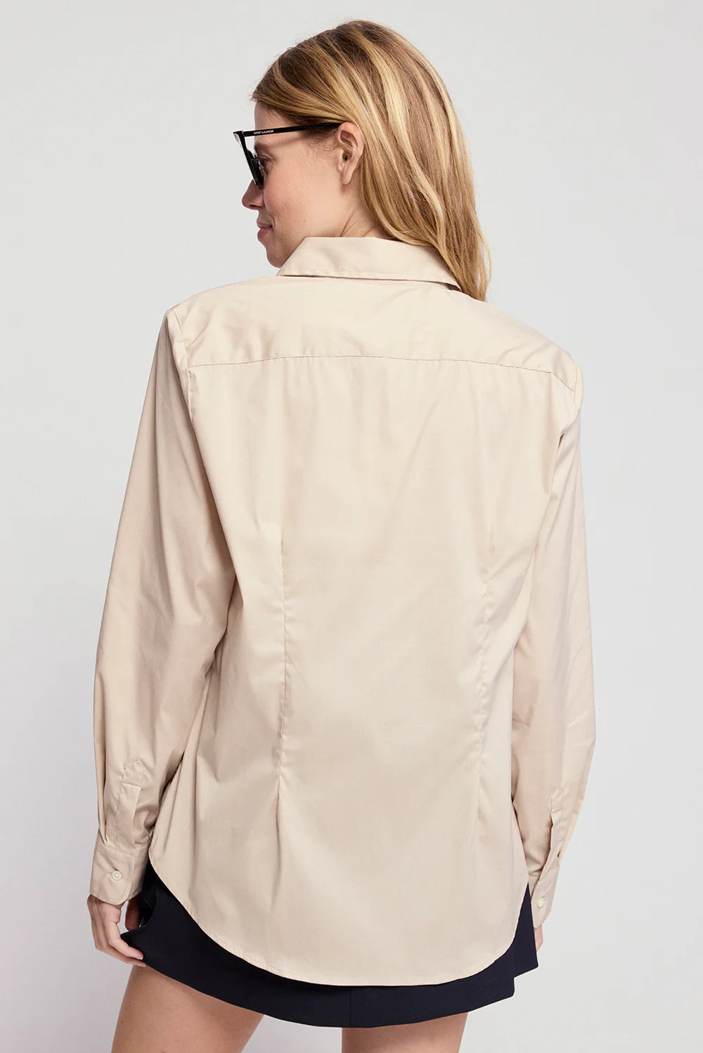 Blue striped Boyfriend Shirt by THE SHIRT, back view, lightweight cotton, classic relaxed fit for Bungalow Furniture.