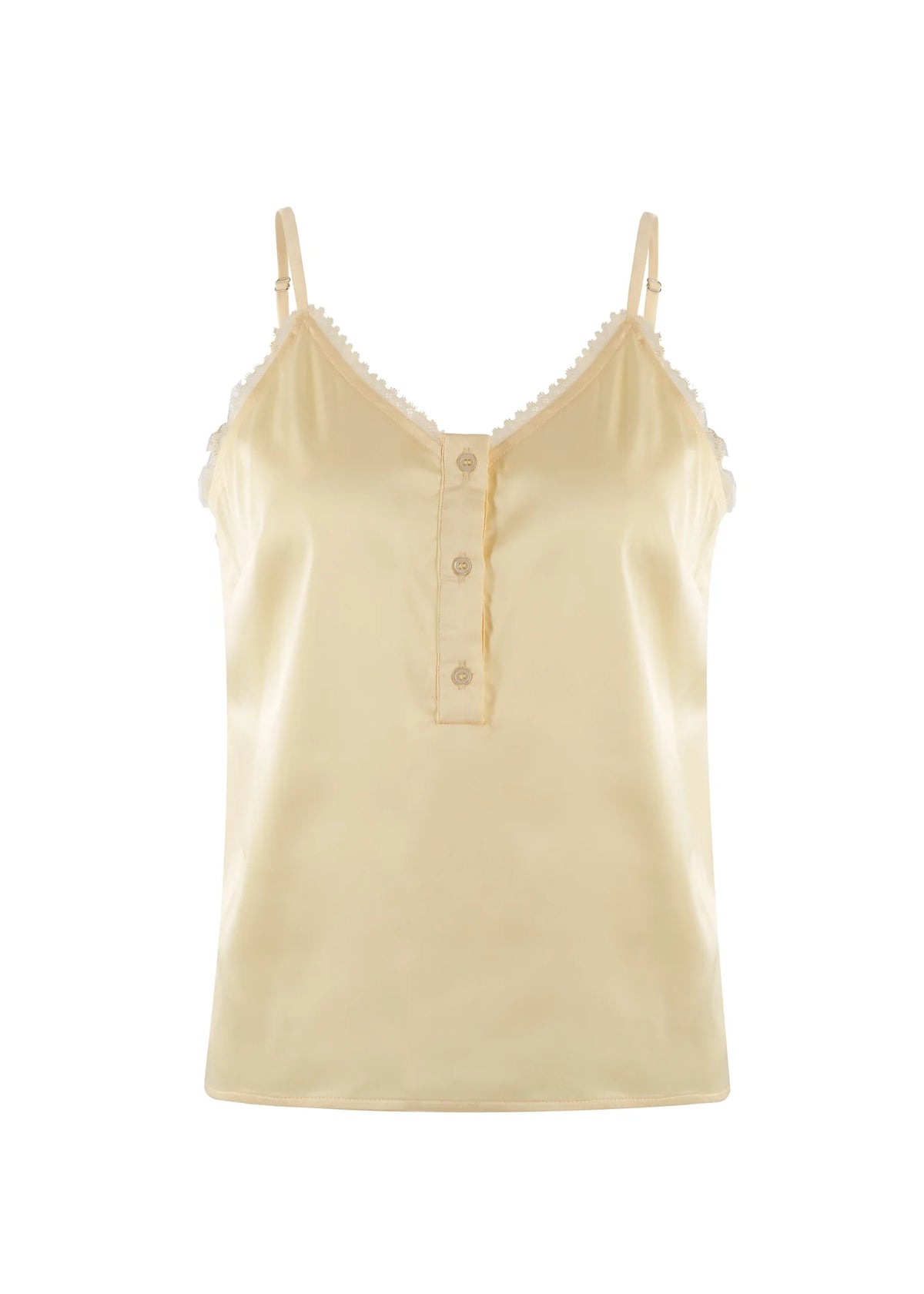 The Cami Shirt by THE SHIRT is a light yellow satin camisole featuring adjustable straps, No Gape button technology down the front, and lace trim along the neckline.