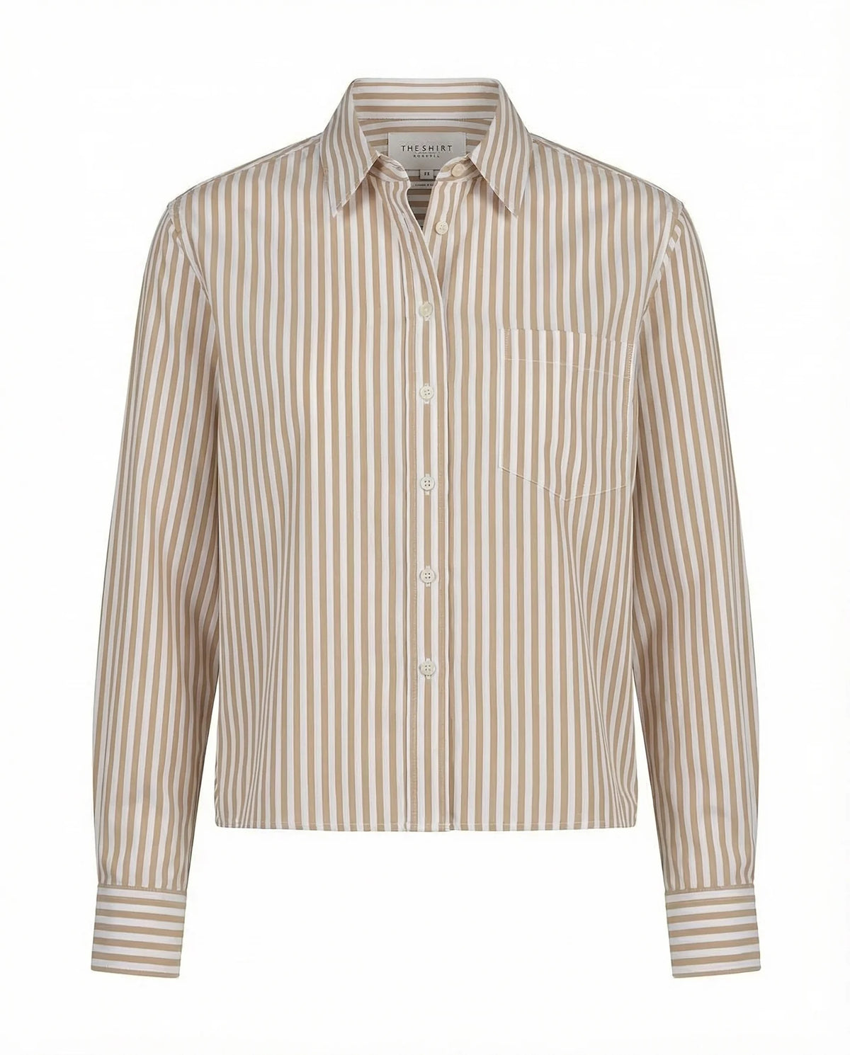 Beige and white striped collared button-up shirt with chest pocket by THE SHIRT, long sleeves, boxy crop fit.