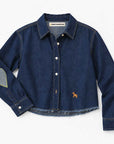 Dark denim button-down shirt by Kerri Rosenthal, featuring a frayed hem, heart elbow patches, and sleeve embroidery.