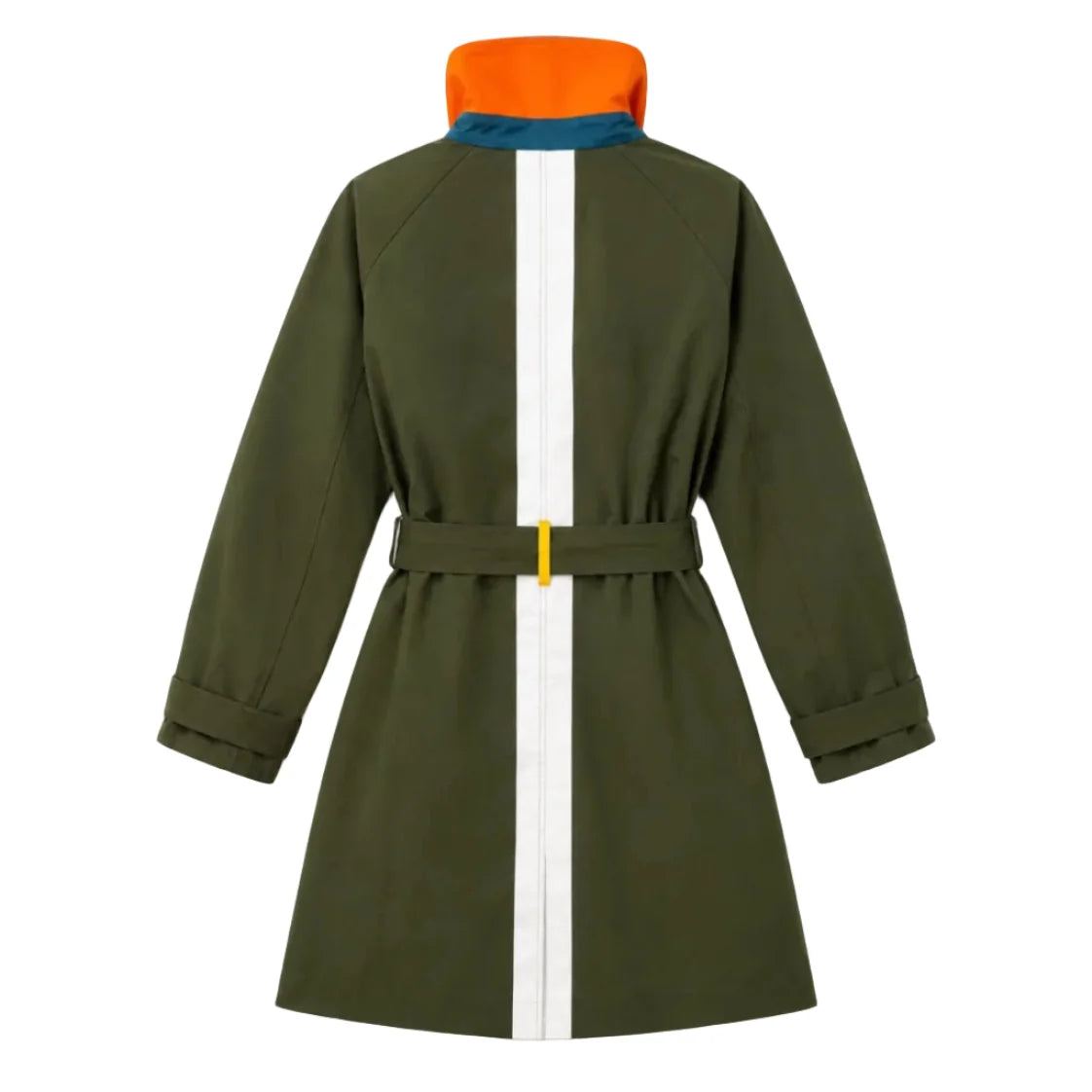 Cotton twill trench coat with white stripe, orange collar, blue trim, and yellow buckle by Kerri Rosenthal.