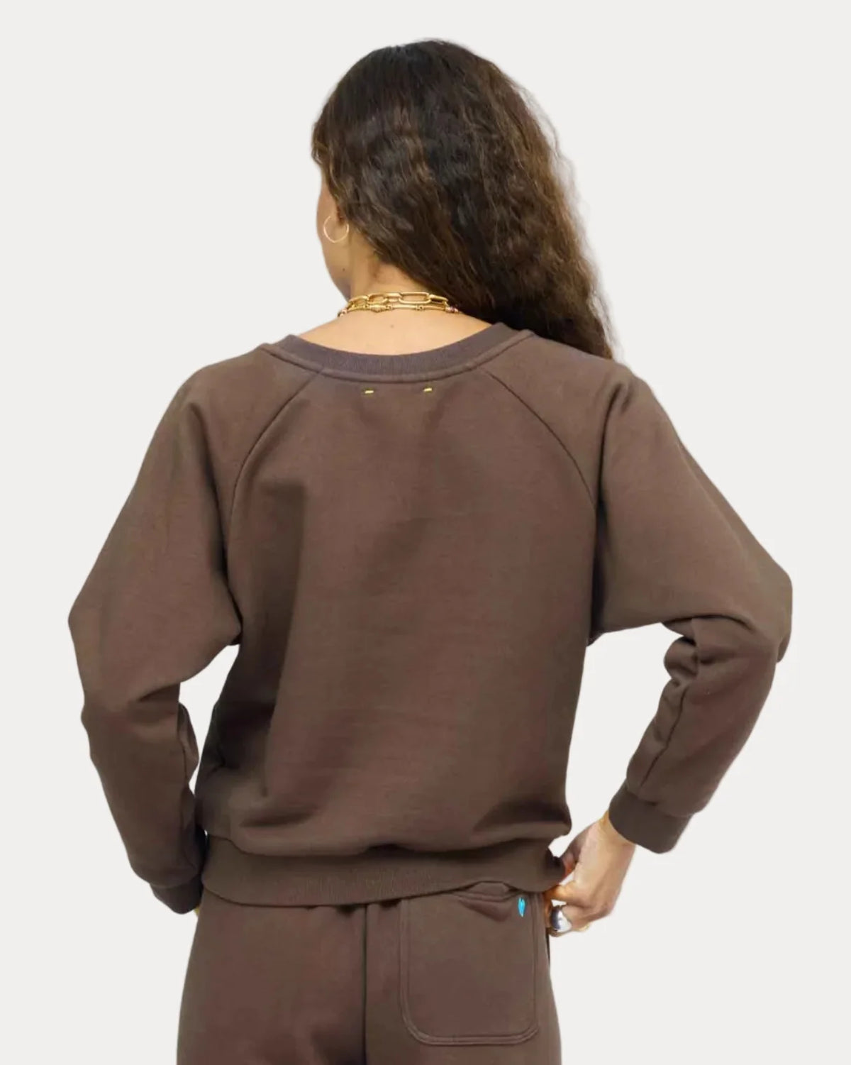 Chocolate brown 100 cotton fleece True Sweatshirt by Kerri Rosenthal with raglan sleeves, back view.