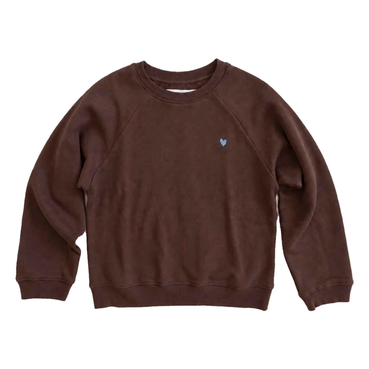 True Sweatshirt in chocolate brown cotton fleece featuring a small light blue heart embroidery on the left chest.