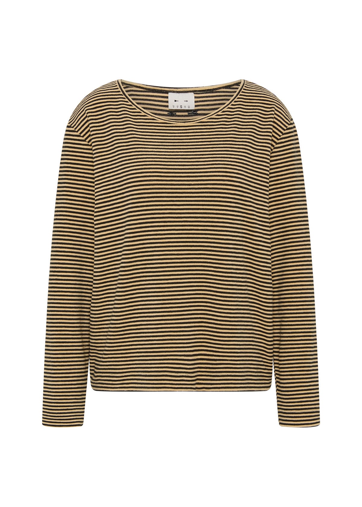Cream and black striped long sleeve top with relaxed fit and round neck by The Upside, casual comfy style.
