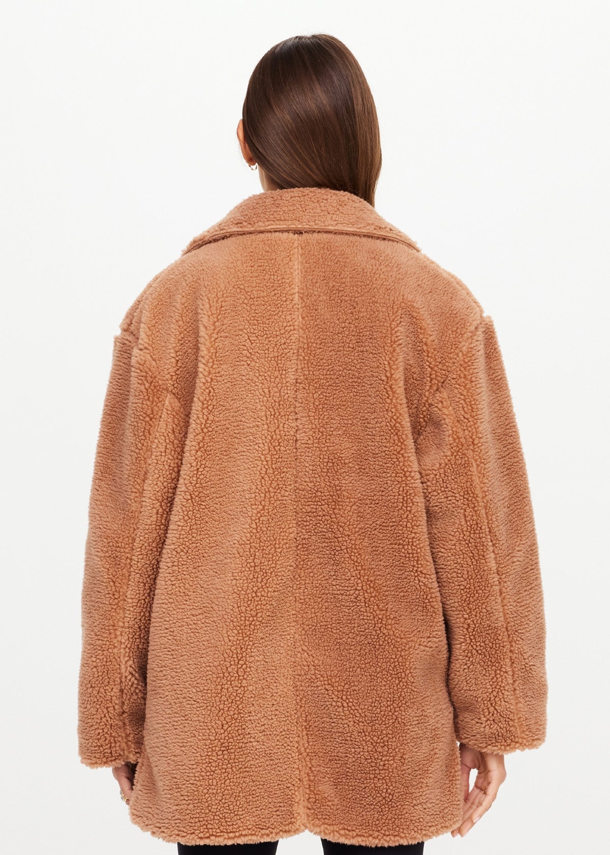 Brown teddy coat with plush texture, viewed from the back; The Upside GRACIE TEDDY COAT.