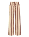 The Upside's BAJA CHARLI DRAWSTRING PANT features beige organic cotton, vertical burnt red stripes, a drawstring waist, and a relaxed wide-leg fit.