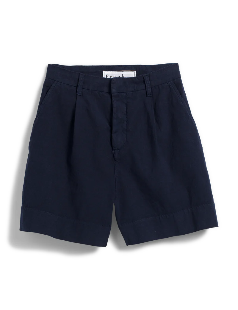 The Waterford Short by Frank &amp; Eileen, featuring a flattering wide-leg fit, front pockets, and belt loops in navy blue, is displayed against a plain background.