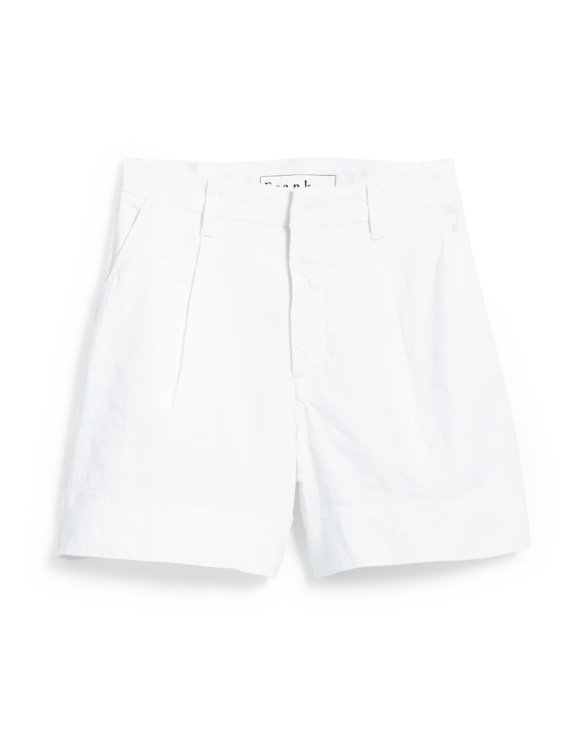 Introducing the Waterford Short by Frank &amp; Eileen, these white tailored-fit shorts provide a refined look. Made from Italian Performance Linen, they feature belt loops, a concealed zipper fly, and the "nanushka" label inside the waistband for premium quality.