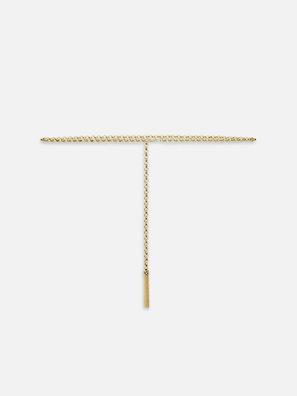 The Sebastian Belt Gold by FRAME is a gold chain belt necklace displayed in a T-shape on a white background, featuring one end hanging vertically and finished with a small rectangular tag.