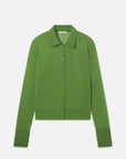 The Collared Cardi by FRAME is a lightweight, long-sleeve, button-up cardigan in a solid green cotton blend, shown laid flat on a white background.