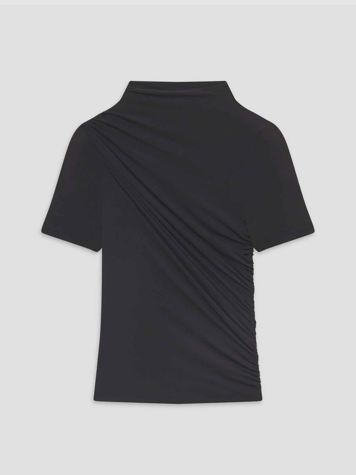 Black short-sleeve top with side ruching, back view; FRAME The S/S Draped Top in black.