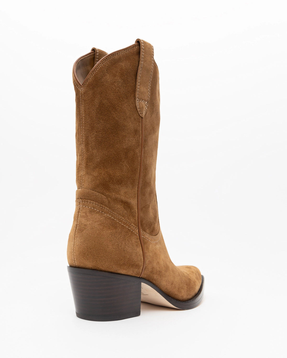 The ONCEPT Winslow Boot is a tan suede, western-inspired style featuring a mid-height stacked heel, rounded toe, and top pull tabs, shown angled slightly from the back on a white background.