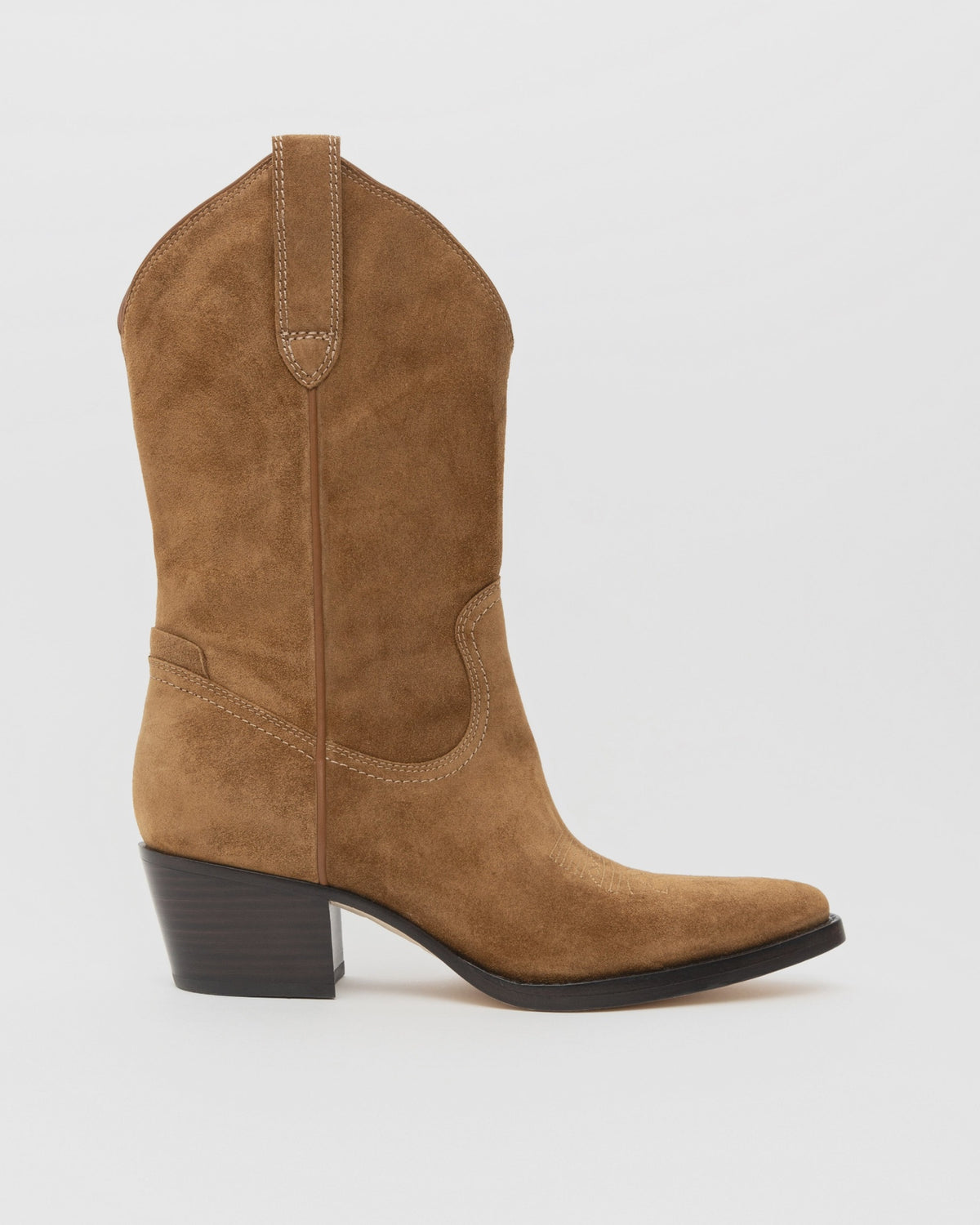 The ONCEPT Winslow Boot is a tan suede, western-inspired boot with a mid-high shaft, angled heel, pull strap, and pointed toe, crafted from premium materials and shown in profile on a plain white background.