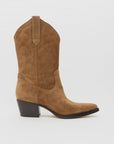 The ONCEPT Winslow Boot is a tan suede, western-inspired boot with a mid-high shaft, angled heel, pull strap, and pointed toe, crafted from premium materials and shown in profile on a plain white background.