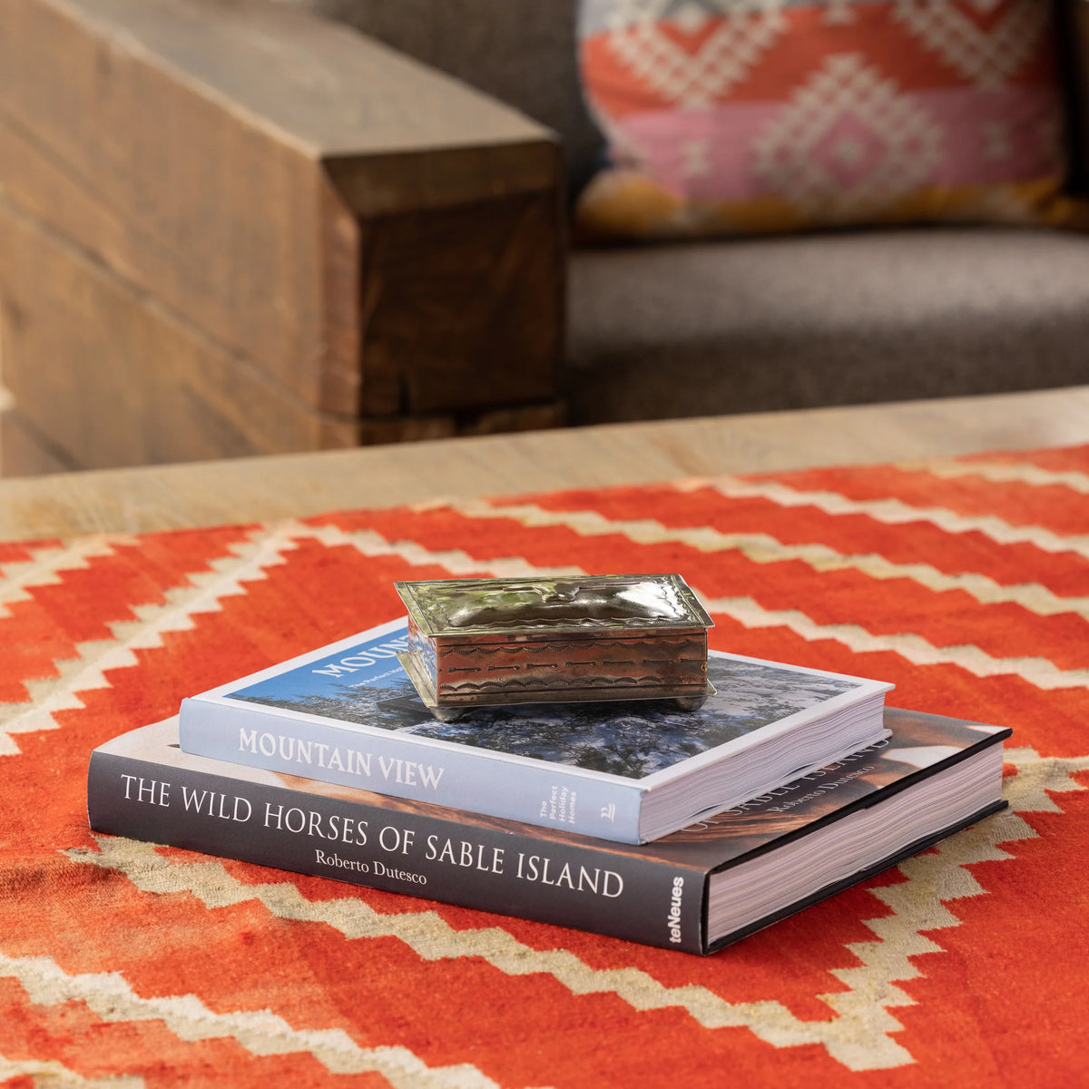 A small stack of books, including "The Wild Horses of Sable Island" and "Mountain View," rests on a zigzag-patterned orange table topped with the J Alexander Rustic Silver 88-6 Silver Box w/ Longhorn. A cushioned wooden sofa brings Southwestern flair to the background.