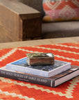 A small stack of books, including "The Wild Horses of Sable Island" and "Mountain View," rests on a zigzag-patterned orange table topped with the J Alexander Rustic Silver 88-6 Silver Box w/ Longhorn. A cushioned wooden sofa brings Southwestern flair to the background.