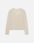 Cream cashmere V-neck sweater by FRAME with long sleeves.