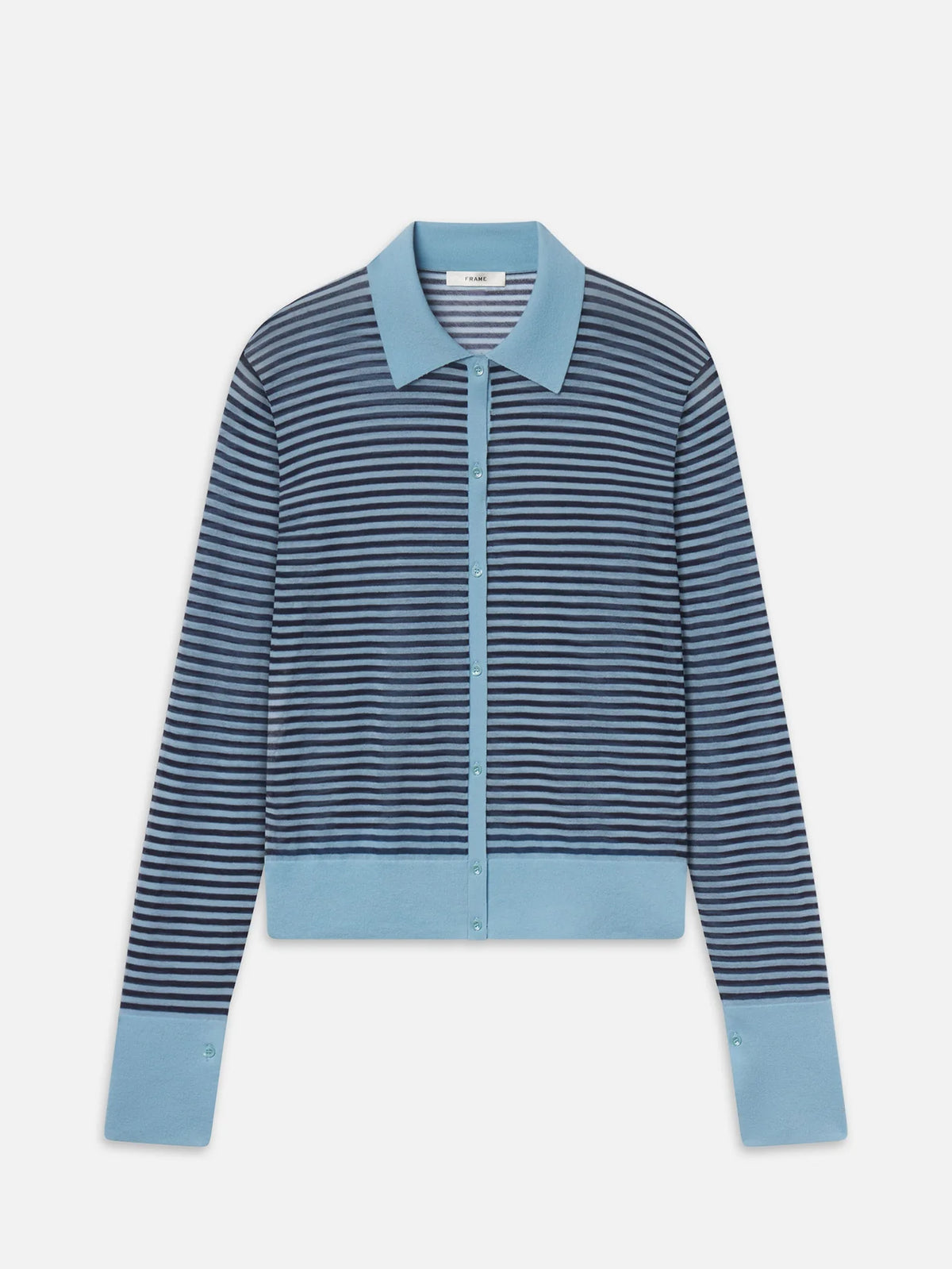The Collared Cardi by FRAME is a lightweight cotton cardigan with navy and light blue horizontal stripes, complemented by a light blue collar, button placket, cuffs, and hem, shown laid flat on a white background.