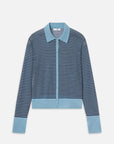 The Collared Cardi by FRAME is a lightweight cotton cardigan with navy and light blue horizontal stripes, complemented by a light blue collar, button placket, cuffs, and hem, shown laid flat on a white background.