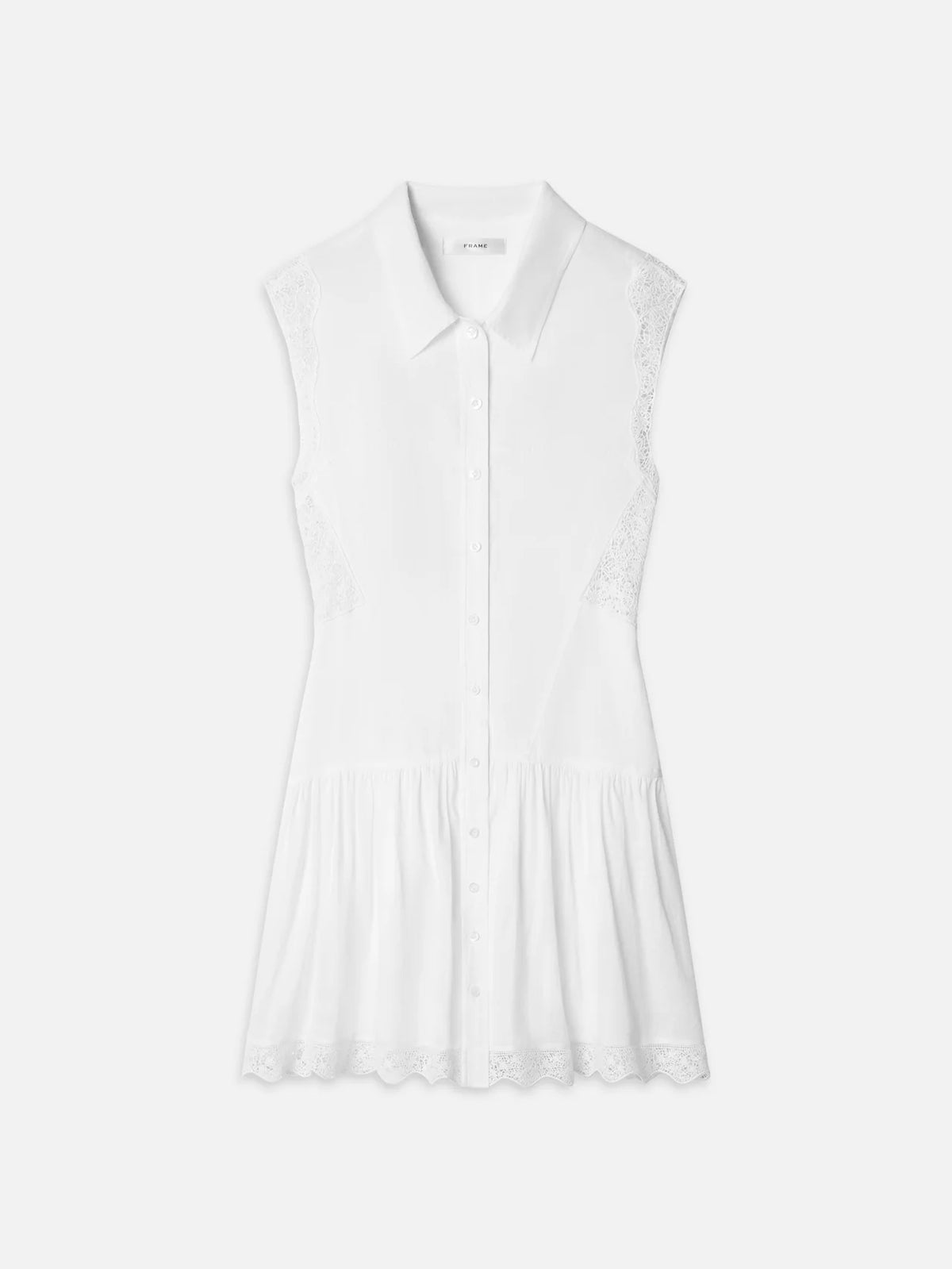 The Embroidered Day Dress by FRAME is a sleeveless white button-down dress with a collared neckline, lace detailing on shoulders and sides, pleated scalloped hem, and embroidered accents for a light, airy look.