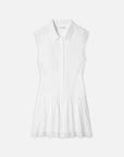 The Embroidered Day Dress by FRAME is a sleeveless white button-down dress with a collared neckline, lace detailing on shoulders and sides, pleated scalloped hem, and embroidered accents for a light, airy look.