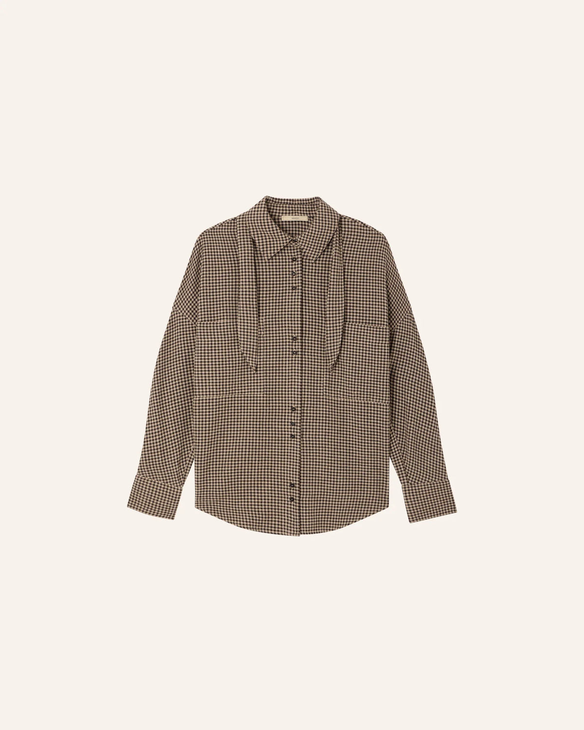 Sessun CECILY shirt in a brown and white gingham check with a detachable knotted collar scarf.