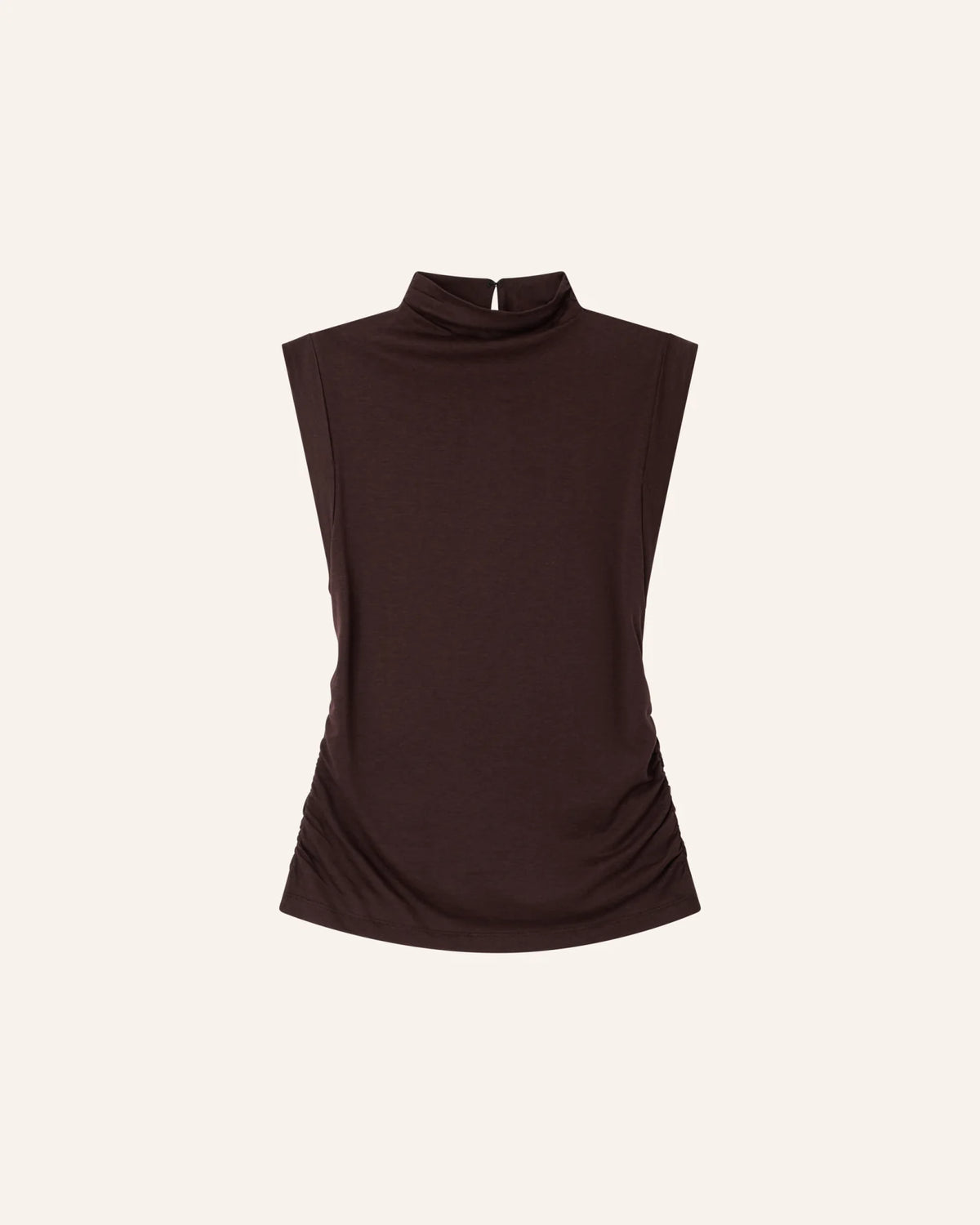 Dark brown short sleeve T-shirt with high collar and side ruching by Sessun, lyocell-cotton blend.