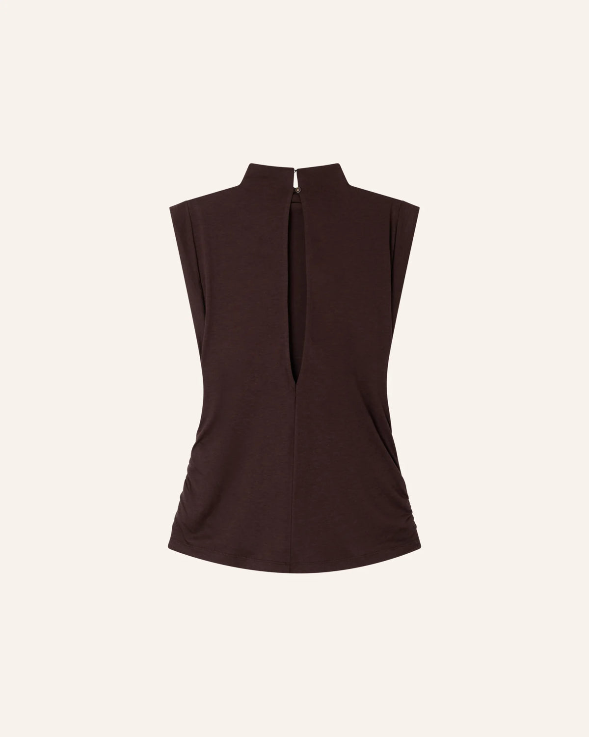 Dark brown short sleeve T-shirt with split neckline and high collar by Sessun, Lyocell cotton blend.