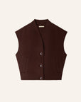 Dark brown wool sleeveless jacket by Sessun with a shawl collar, V-neck, and three buttons.