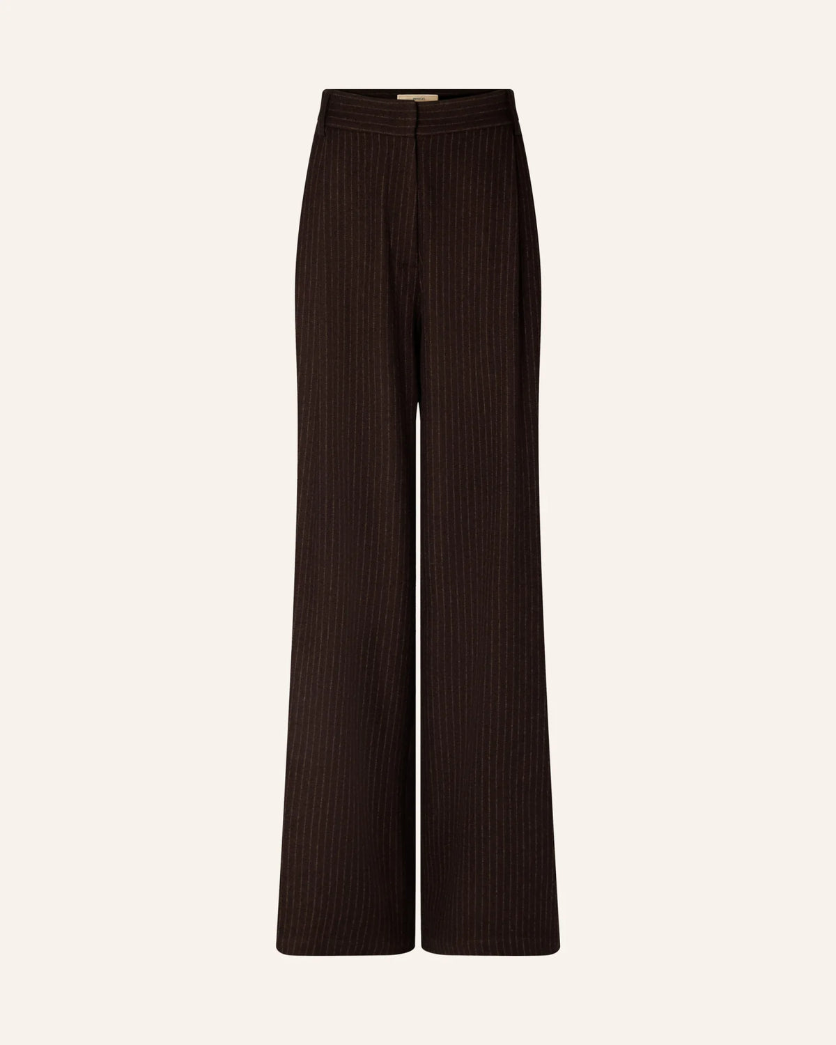Wide-leg, dark brown high-rise trousers with subtle pinstripes by Sessun Orozco, twill flannel.