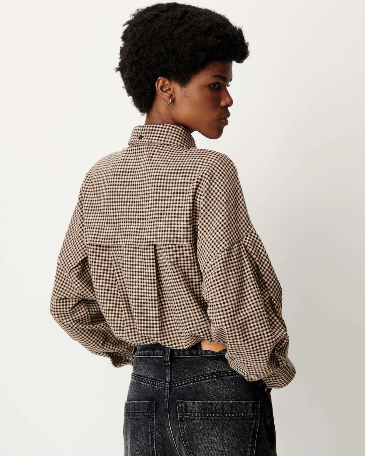 Long-sleeved brown and black gingham check cotton flannel CECILY shirt with knotted collar by Sessun.