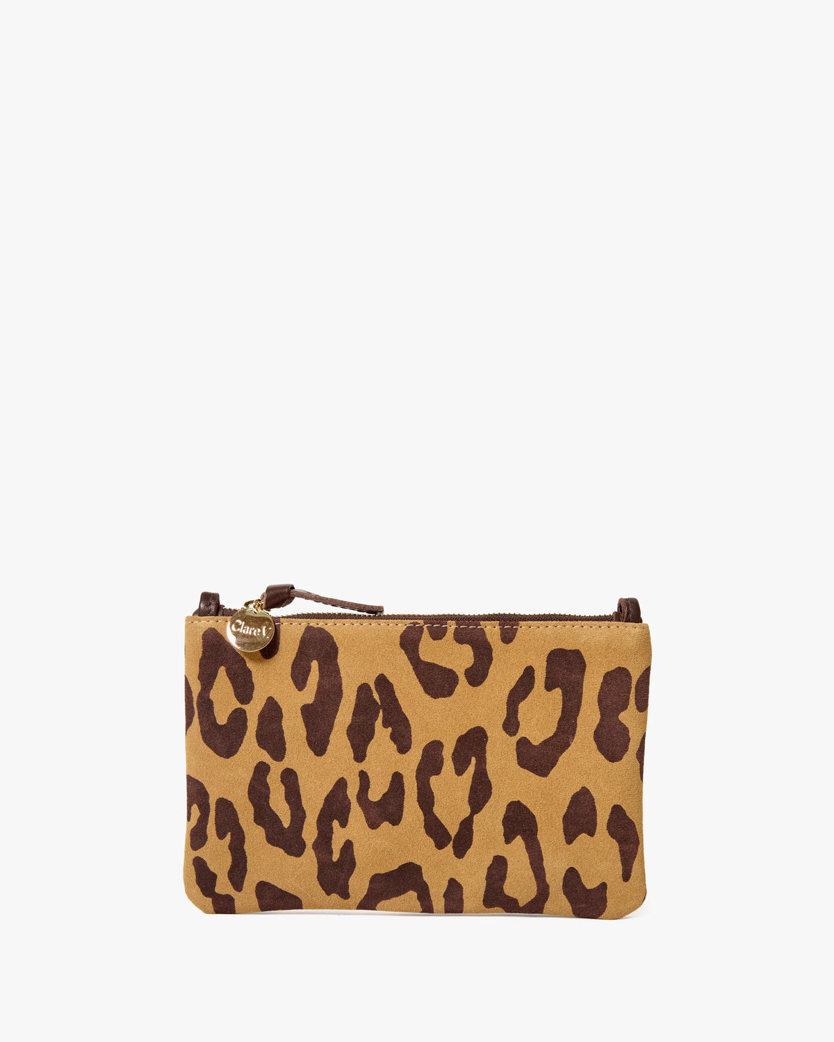 The Clare Vivier Wallet Clutch w/Tabs is a compact pouch made from Italian suede in a brown and tan leopard print, featuring a gold zipper pull and shown on a plain white background.