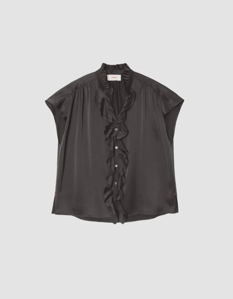 Black satin short-sleeve blouse with ruffled neckline and buttons, Xirena Lanore Top.