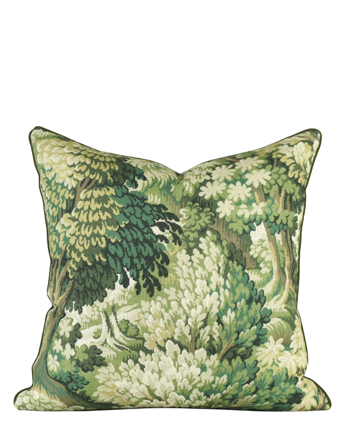 Forest green and cream pillow with leafy tapestry on white cotton, Bungalow Furniture, Yudi by Faire.