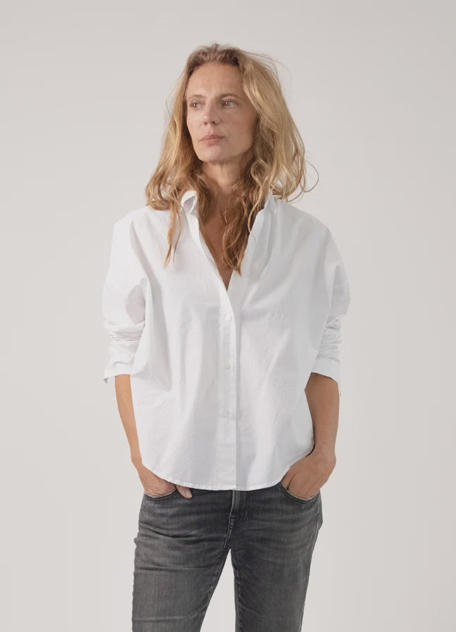 Monday12 Zoe Shirt in soft fabric paired with jeans, styled casually with hands in pockets, Bungalow Furniture & Accessories.